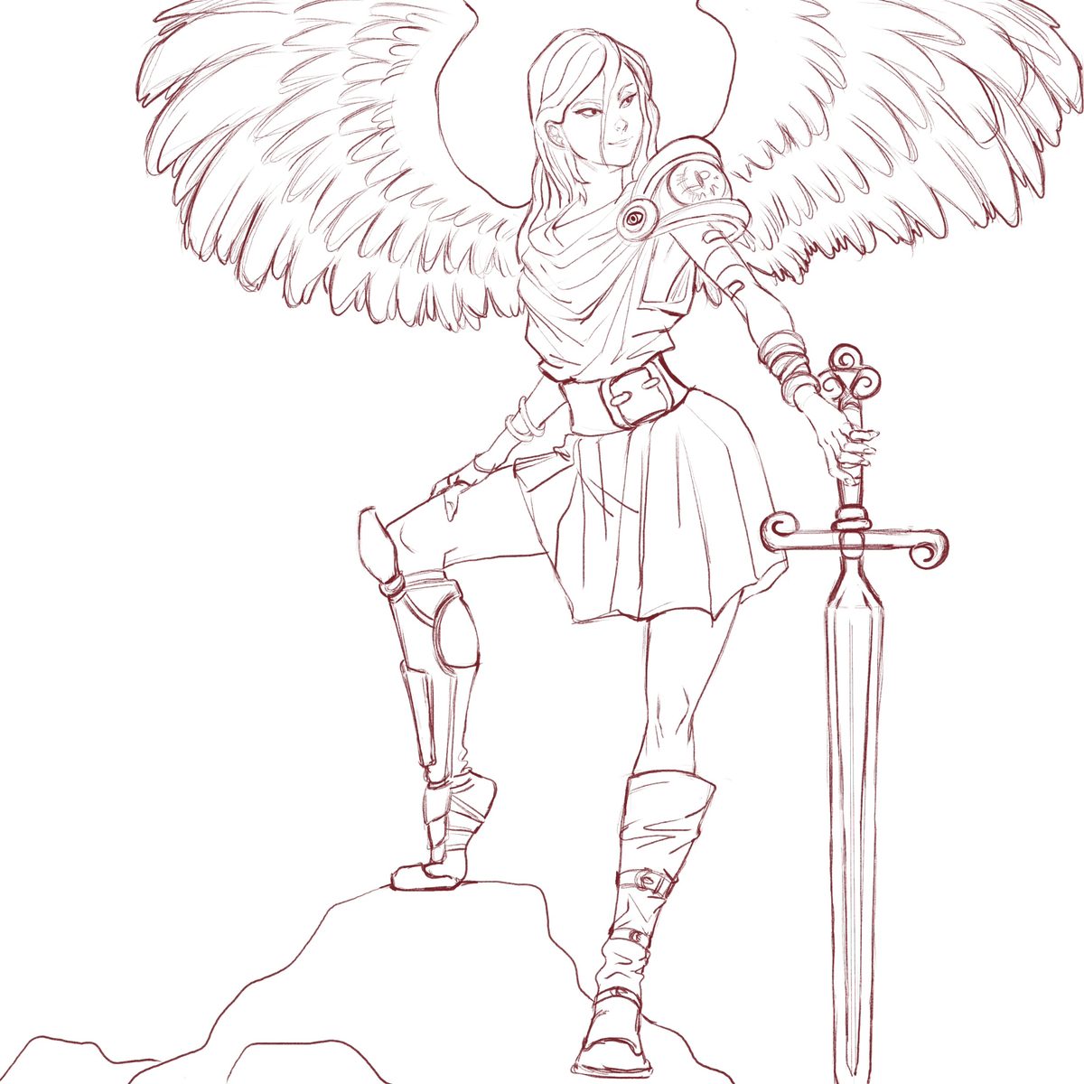 Red-pencil sketch of a winged warrior: wings spread, short tunic, armour pieces on one leg and one arm, resting on a long sword planted in the rock. Line only, no colour and no background.