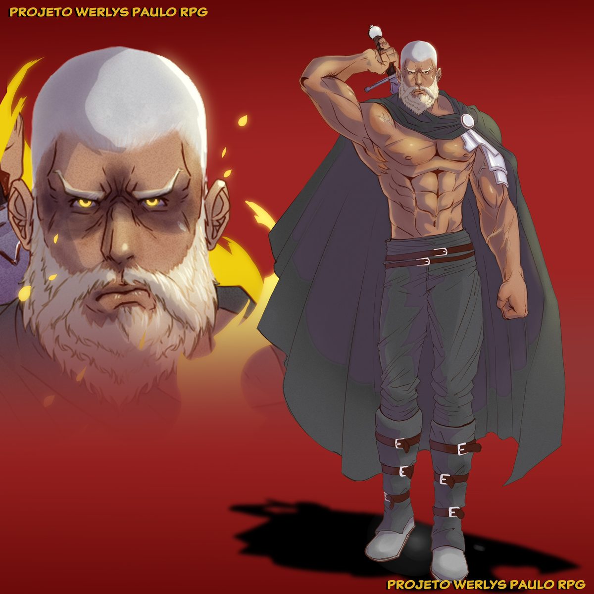 Final artwork of the RPG character on a red background: a warrior with white hair and beard, dark brown skin, bare torso, dark cape and grey trousers, beside an enlarged portrait of his face with yellow eyes
