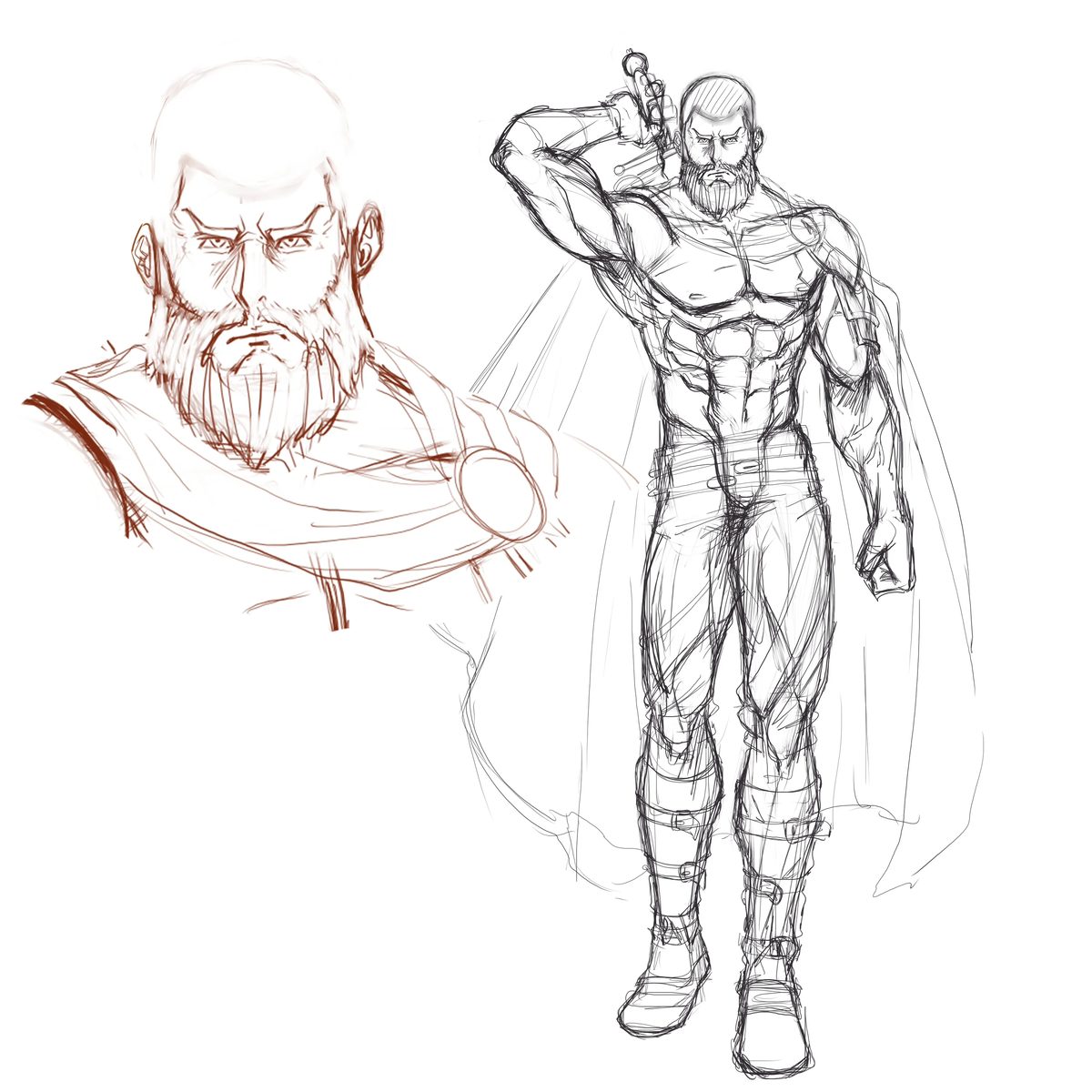 First sketch in red pencil: the full-body warrior with one hand raised behind his head, next to a loose study of the bearded face