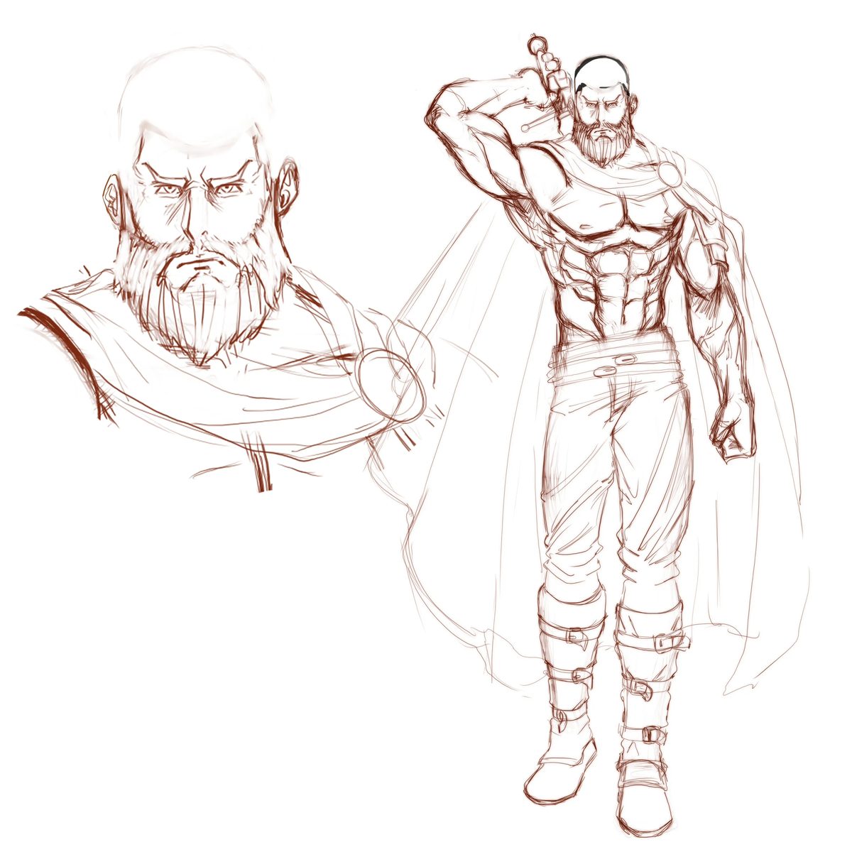 Second sketch, with cleaner line work and defined anatomy: musculature, cape folds and boot buckles already resolved