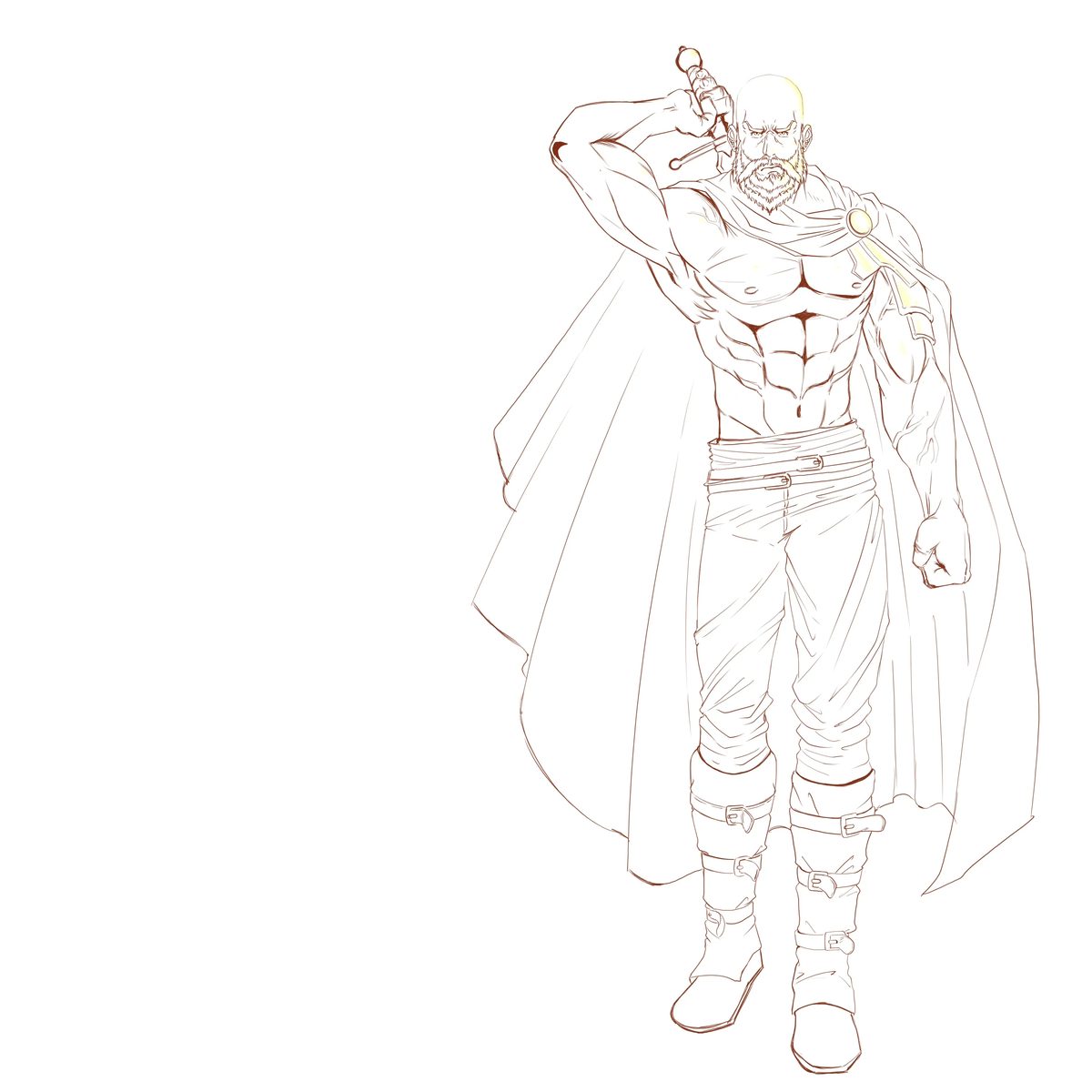 Finished line art in thin outline on a white background, with only the main character closed off, without the face portrait