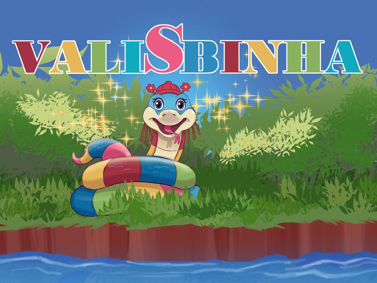 Cover of the children's book Valisbinha: a blue snake wearing a red cap, its body striped in bright colors, coiled in the grass beside a river under a starry sky, with the title in colorful lettering