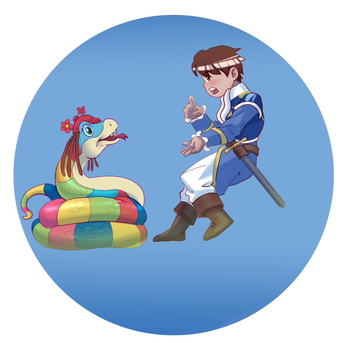 Lighting stage: the scene gains its blue circular background and bounced ambient light, integrating the characters into the landscape