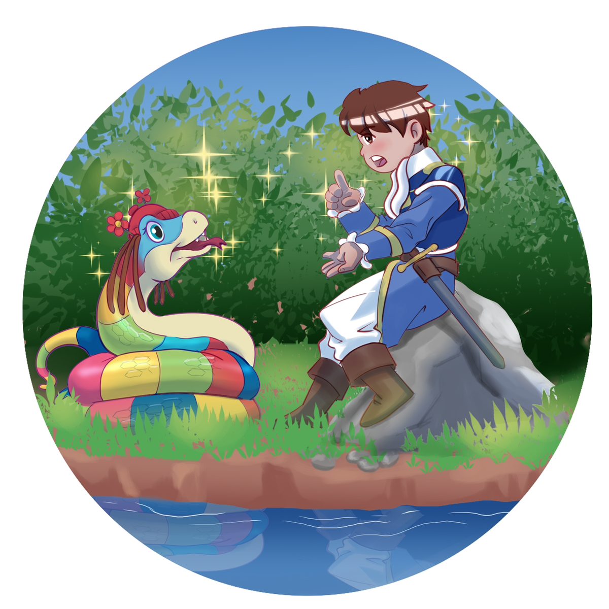 Final detail stage: grass, water, highlights and textures complete the circular scene with the snake and the prince by the river