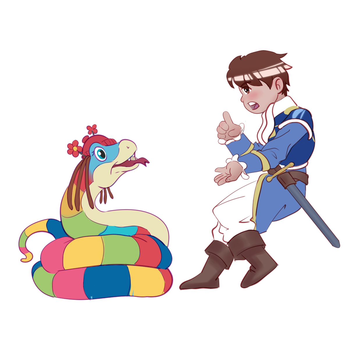 Flat color stage: each element in its local color with no shading — the snake striped in red, yellow and blue, the prince in a blue coat