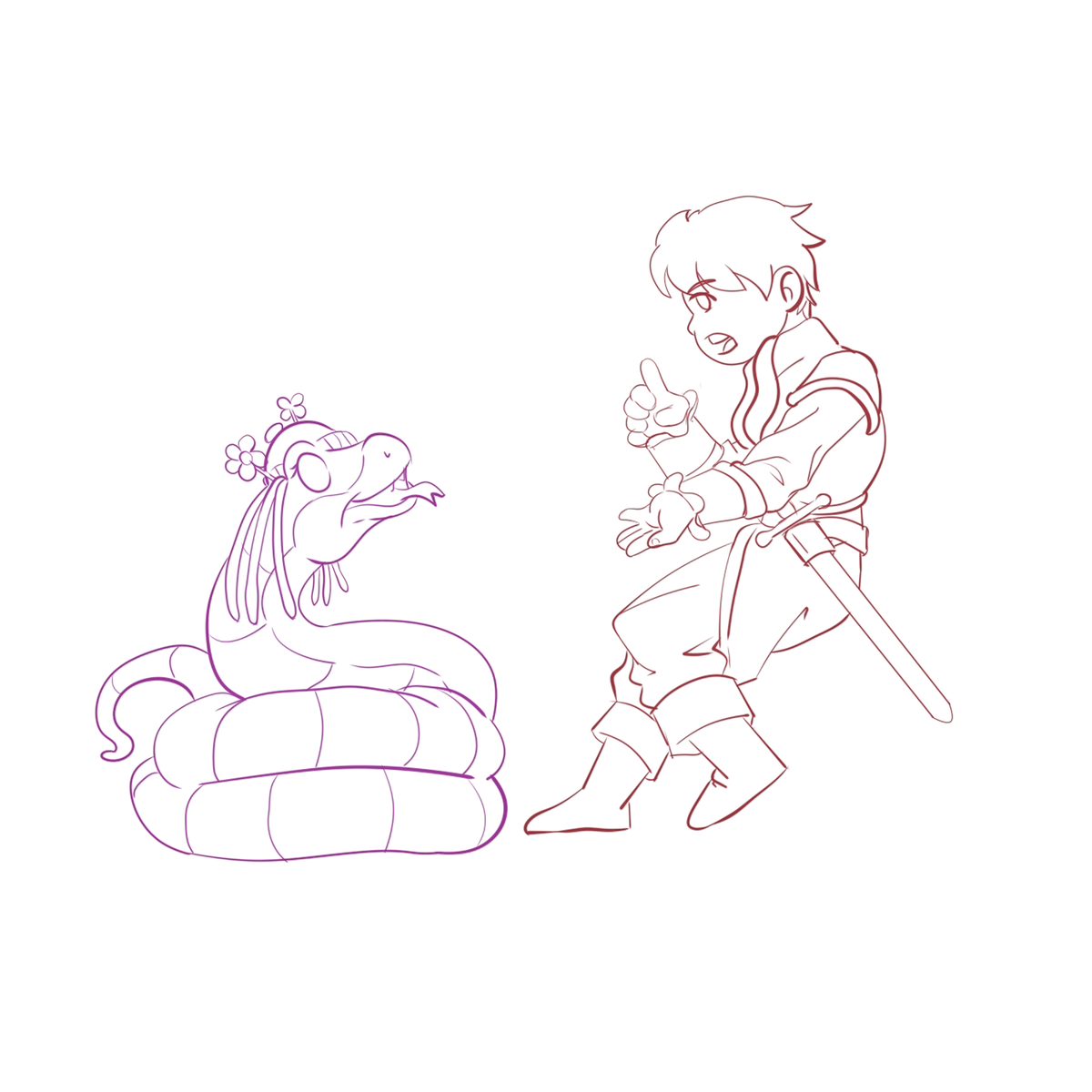 Line art stage: the clean outline of the scene with the snake and the prince, with no color, only closed line work