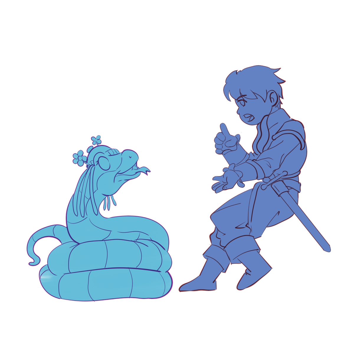 Mask stage: the inner areas of the characters filled in flat blue, serving as a base for the colors that follow