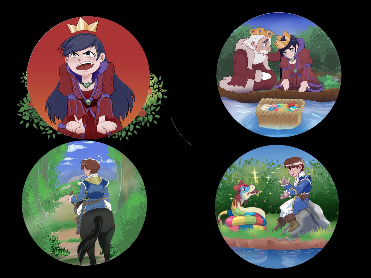 Set of finished illustrations from the Valisbinha book, each scene contained within a circle