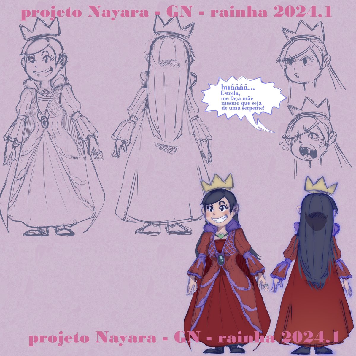 Character sheet of the queen on a pink background: two versions of the character in a long gown, one light and one red, with face and crown studies