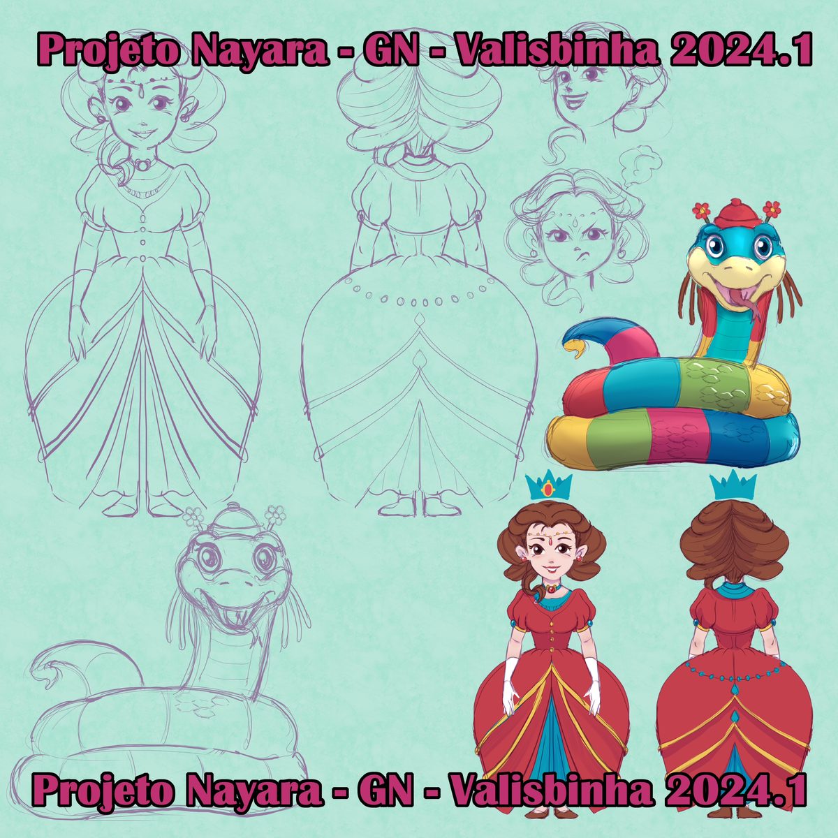 Character sheet of Valisbinha the snake on a light green background: the striped coiled body, the red cap with little flowers, and expression studies of the snout