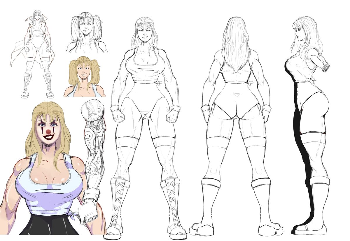 Sketch version of the same model sheet, in pencil and without color: five views of the character in open line work, showing the structure before painting