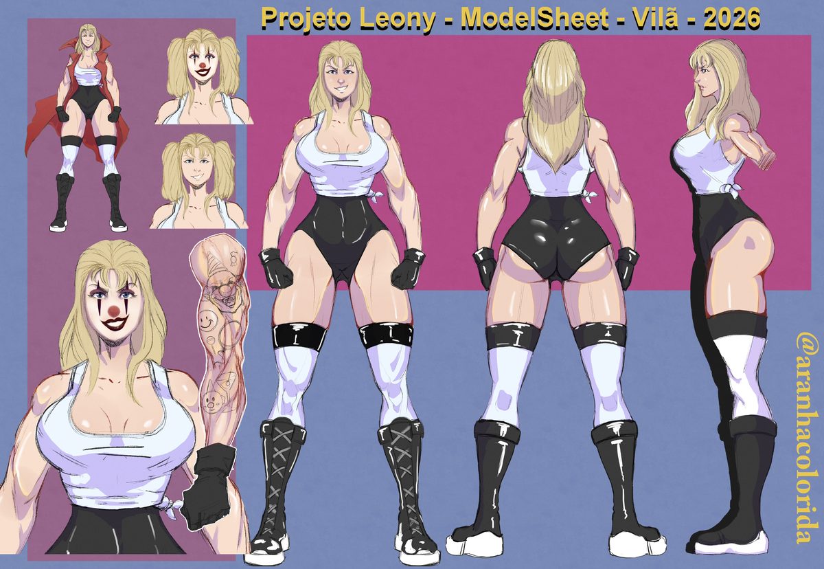 The same model sheet finished and colored, with the black, white and red palette applied over a pink and blue background