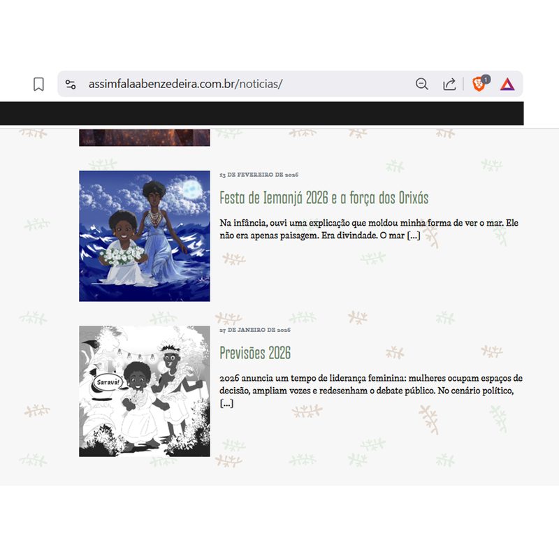Screenshot of the news section of the Assim Fala a Benzedeira website, with two illustrated articles: one showing two women in white standing in the sea under the moon, another in black and white showing figures at a celebration