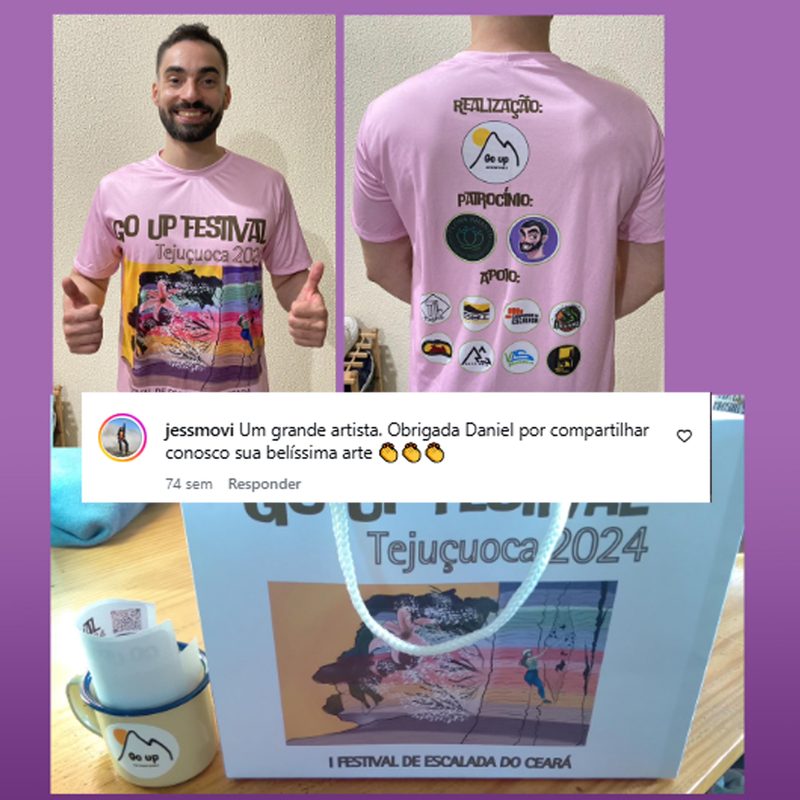 Montage of Go Up Festival Tejuçuoca 2024 merchandise: a man wears the pink t-shirt with the climber illustration, the back of the shirt shows organiser and sponsor logos, and beside it are the tote bag and mug with the same artwork