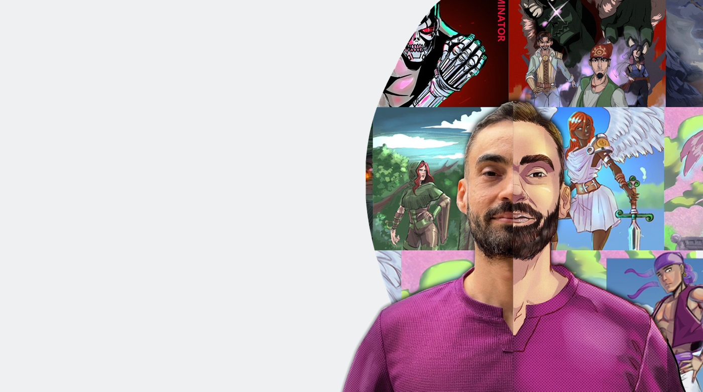 Portrait of Daniel Mesquita with one half of his face drawn in illustration line work, surrounded by a collage of characters he created