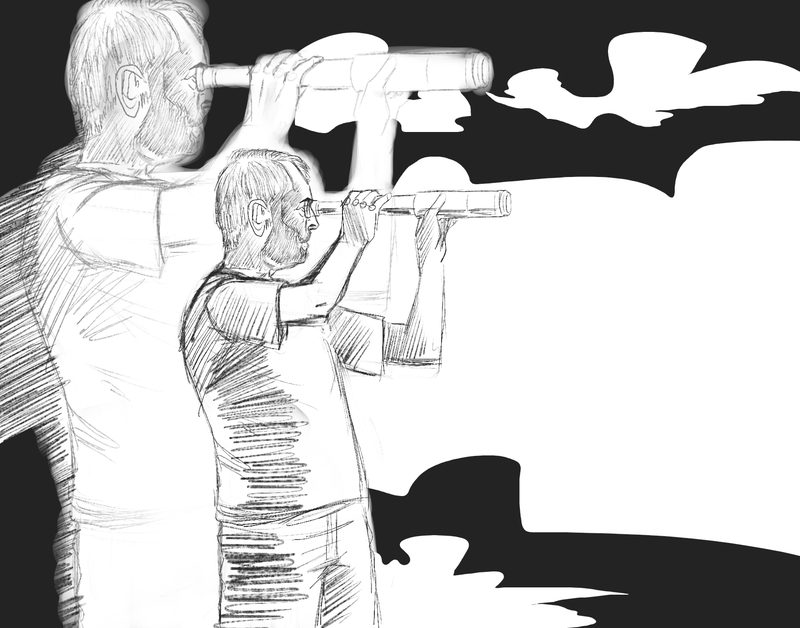 Black and white illustration of an older man and a young man side by side, each looking at the sky through a spyglass, with clouds cut out in silhouette