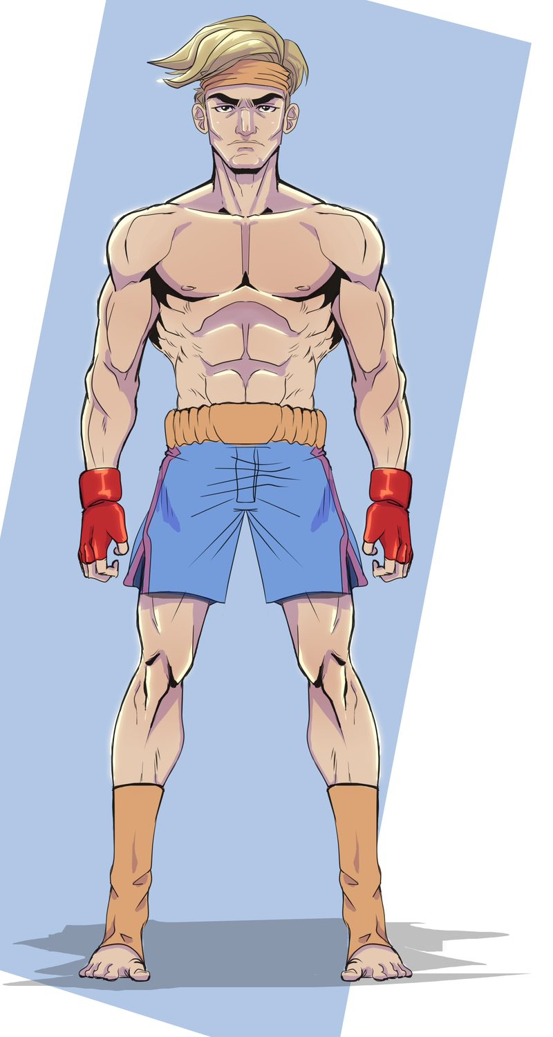 Character design of a shirtless blond fighter in blue shorts with red hand wraps, in a front-facing pose on a light background
