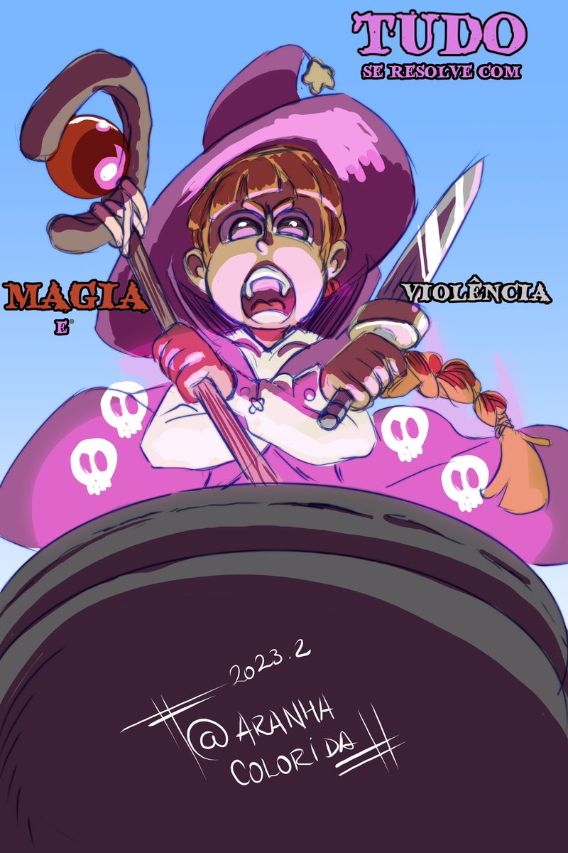 Cartoon illustration of a witch in a pink hat and skull-patterned dress, shouting as she stirs a giant cauldron, under a caption reading that everything is solved with magic and violence