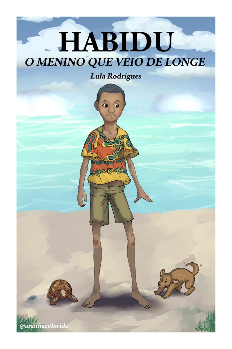 Cover of the book Habidu — O Menino que Veio de Longe by Lula Rodrigues: a barefoot boy in a patterned shirt on the beach sand, with two dogs playing beside him