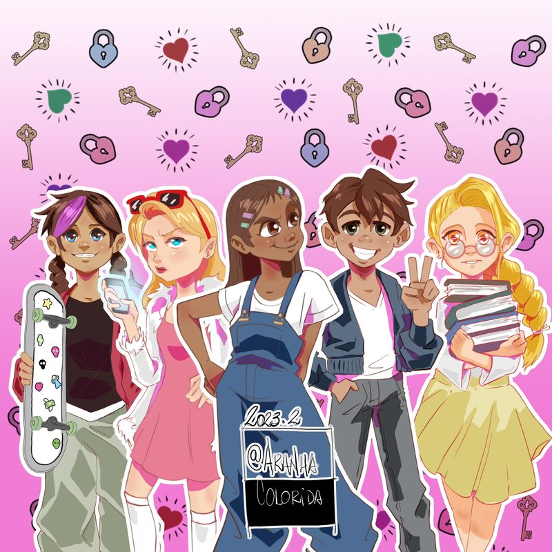 Cover illustration for the book Não Mexa no Meu Diário: five teenagers side by side, one holding a stack of books, on a pink background patterned with padlocks, keys and hearts
