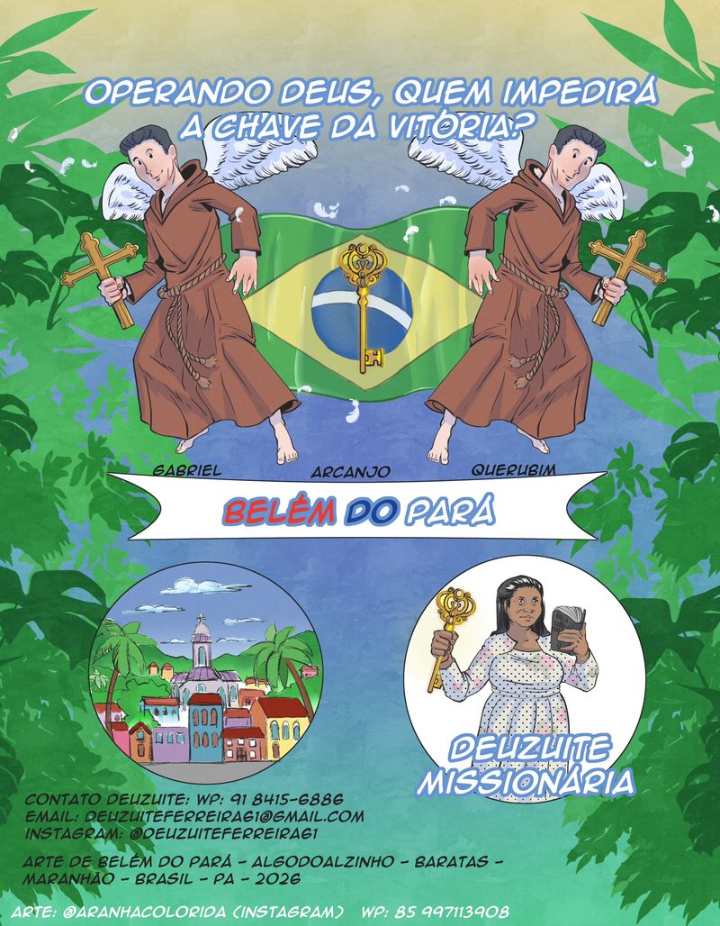 Illustrated promotional poster for a missionary: two angels in brown robes hold crosses and keys over the Brazilian flag, with a view of the city of Belém do Pará and a portrait of the honoree in circular frames