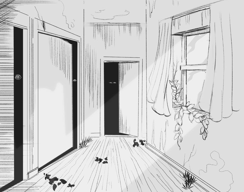Ink drawing of an empty corridor with closed doors and a window, dry leaves scattered across the floor and a vine creeping over the wall
