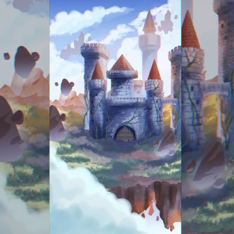 Castle with red-roofed towers on a floating island covered in grass, surrounded by suspended rocks and clouds, shown in vertical bands presenting lighting variations of the same scene