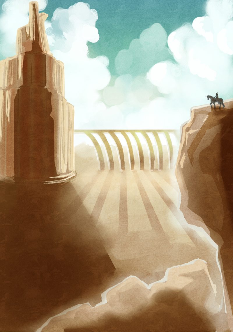 Canyon in sand and earth tones: a tiny rider watches from the clifftop as an arched dam pours light instead of water, under a turquoise sky of billowing clouds