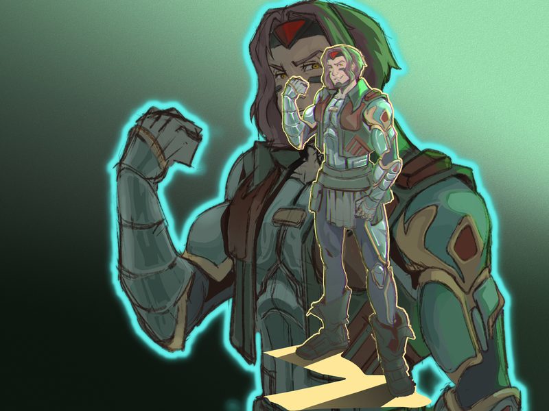 Character with green hair and a mechanical arm flexing the bicep, outlined by a cyan glow, with a smaller full-body version of the same character overlaid at the right