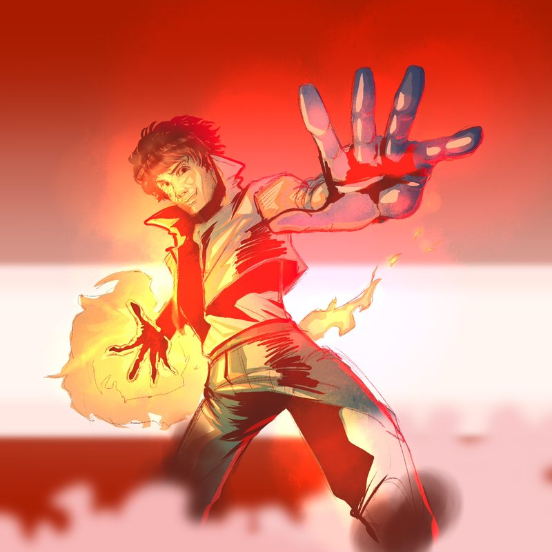 Character in a light jacket in a combat stance, a fireball lit in the left hand and the right hand stretched forward, set against a blazing red sky