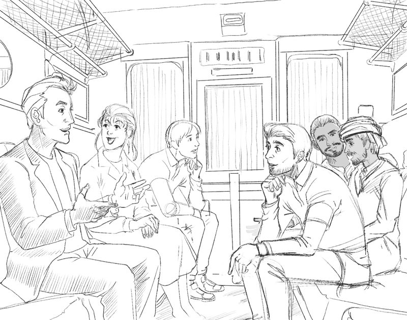 Ink drawing of the inside of a train carriage, with passengers seated side by side talking and a couple standing by the door