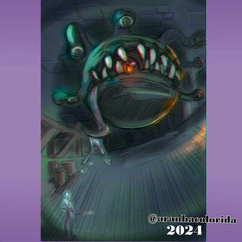 Fantasy creature study: a sphere covered in eyes and teeth floats in a green-lit dungeon, with a tiny adventurer in the foreground