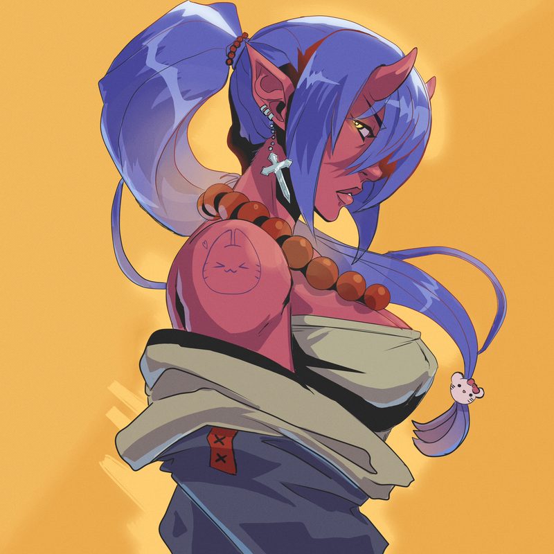 Reinterpretation of another artist's character: a blue-skinned woman with pointed ears and long purple hair tied up, wearing a beaded necklace and a hood, on an orange background
