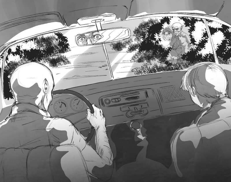 Ink drawing seen from inside a car: the driver and a passenger from behind, while strange figures appear among the foliage through the windscreen