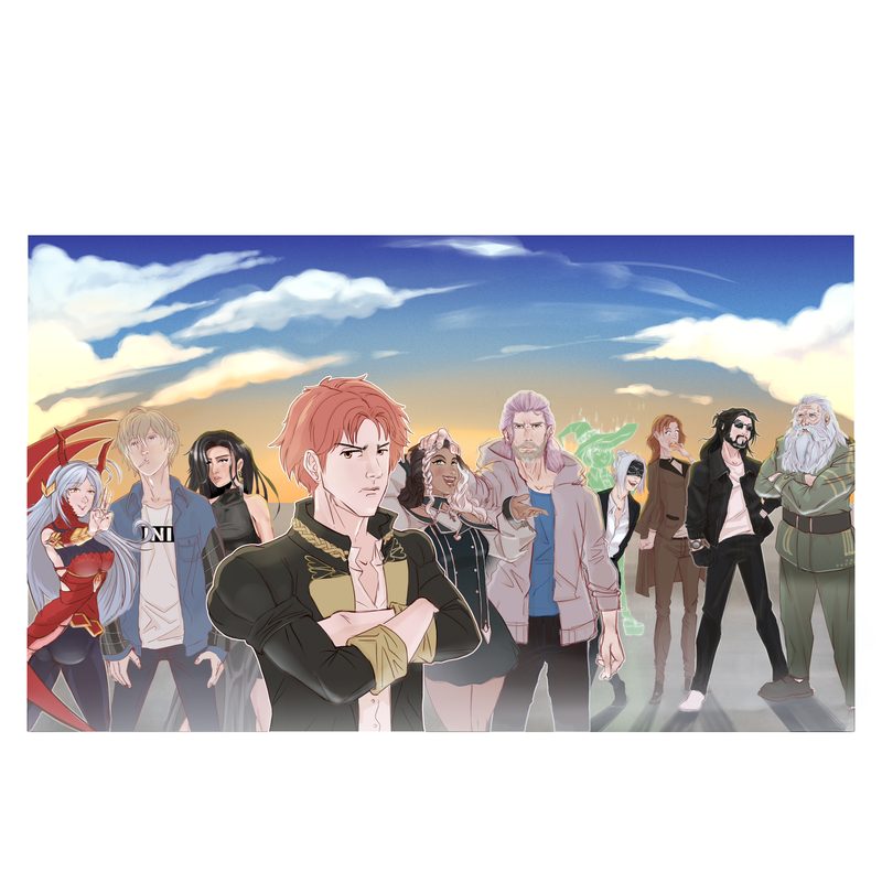 Group illustration with nine characters lined up at sunset, each with a distinct outfit and silhouette, from the redhead in a black coat to the white-haired figure at the end