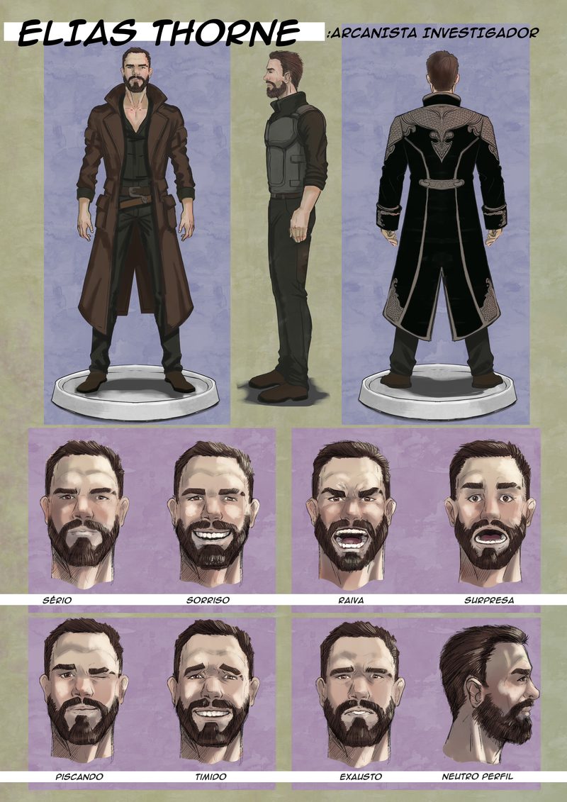 Full model sheet for the character Elias Thorne, arcane investigator: three full-body views in a dark overcoat and, below, eight labelled expression studies — serious, smiling, angry, surprised, winking, shy, exhausted and neutral profile