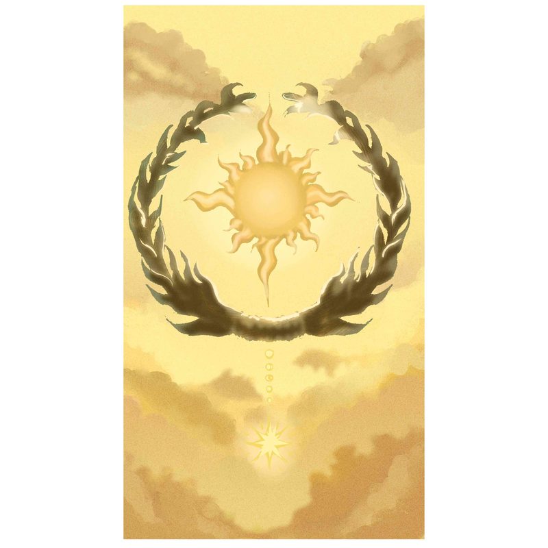 Emblem of a sun with wavy rays encircled by a wreath of dark leaves ending in bird heads, suspended over a golden cloudy sky, with a small star shining below