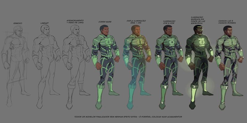 Panel showing the same character in a green uniform repeated eight times, once per stage of the process: from pencil sketch to line art, to flat colours and four different lighting treatments, each stage labelled in Portuguese