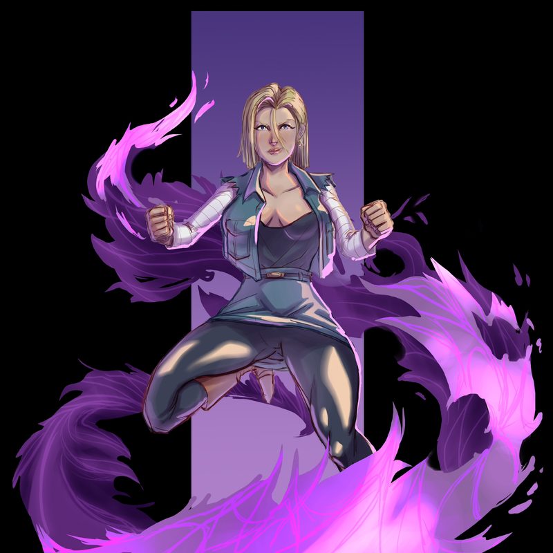 Fan art of a blonde character in a denim jacket and dark vest, hovering in a fighting pose wrapped in purple energy, on a black background
