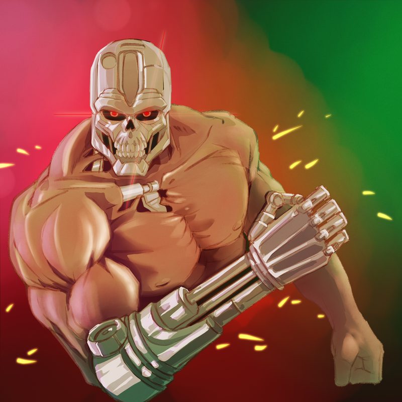 Fanart of a cyborg with a metal skull and red eyes lunging forward with a clenched fist, its right arm stripped to the metal skeleton, against a background split between red and green with sparks in the air