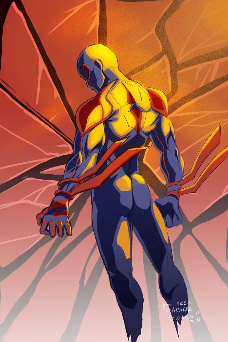 Fan art of a spider-themed hero in an angular blue and red suit, descending upside down against a shattered glass background in orange