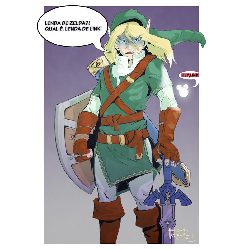 Humorous fan art of a blond hero in a green cap and tunic, shield and sword on his back, complaining in a speech balloon about the name of his own legend