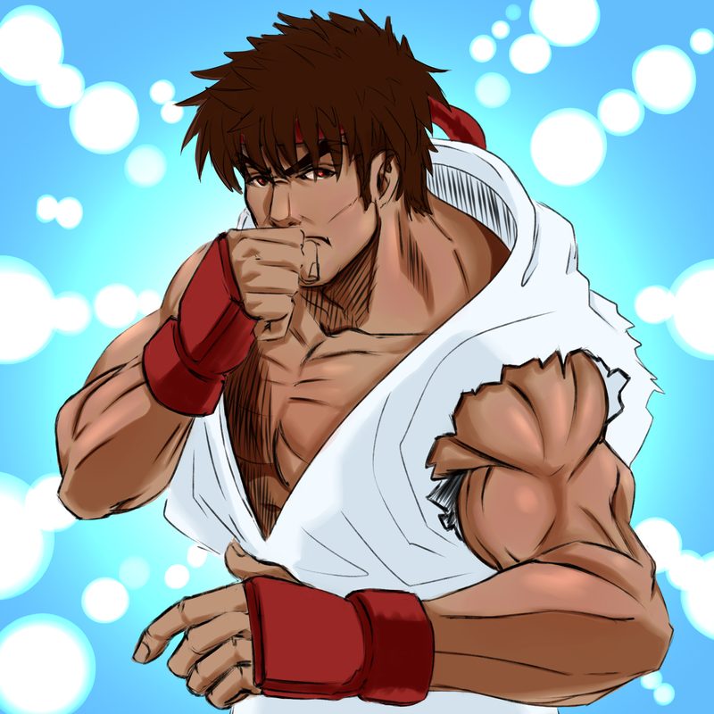 Fan art of a karate fighter in a torn white gi with a red headband, fists raised in guard, on a blue background with energy bubbles