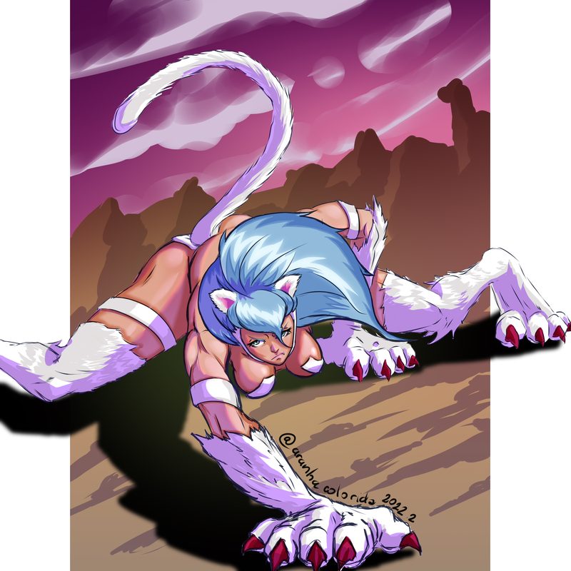Fan art of a feline character with blue hair and white fur, crouched on rocky ground at dusk, with a pink and purple sky