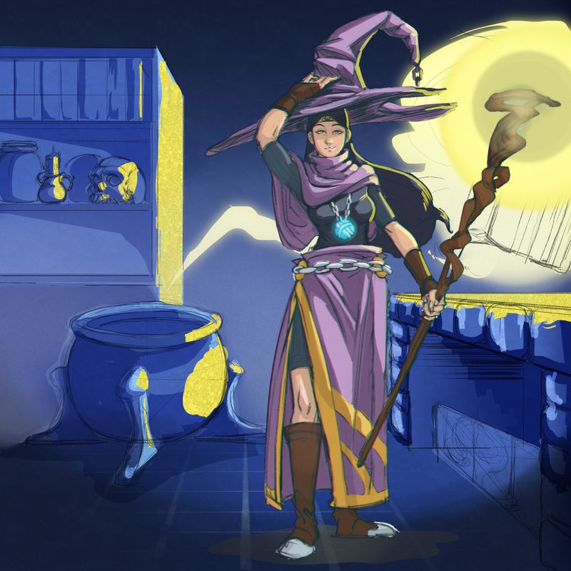 Sorceress in a pointed hat and purple cloak holding a smoking staff, standing in a night laboratory lit in blue, with a cauldron, a shelf of flasks and a skull behind her