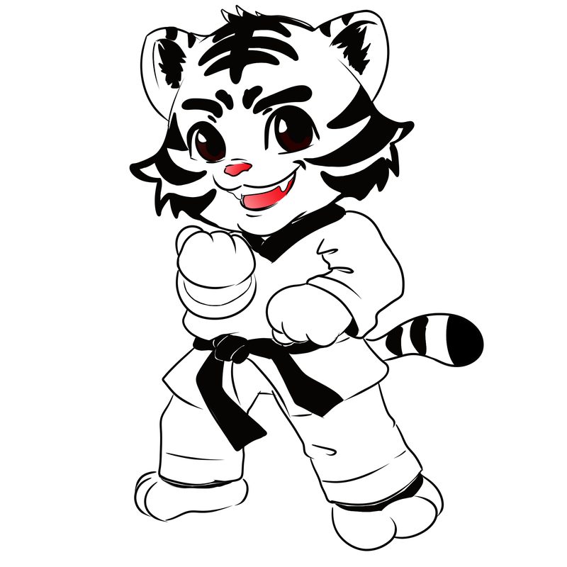 White tiger cub in a karate gi with a black belt, mid-strike, drawn in clean line work on a white background