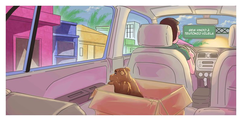 Cartoon illustration seen from inside a car: a brown puppy sitting in a cardboard box on the back seat, the driver at the wheel and, through the window, colourful houses and a sign reading “Bem vindo à Teutônio Vilela”