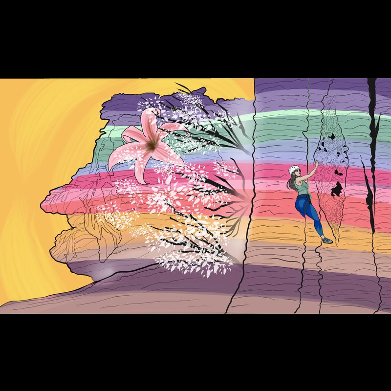 Illustration for the Go Up Festival: a climber scales a rock face striped in bright bands of color, with a giant pink flower growing out of the stone