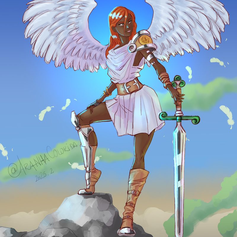 Black-skinned warrior with large white wings, a light dress and golden armor, standing on a rock with a sword planted beside her