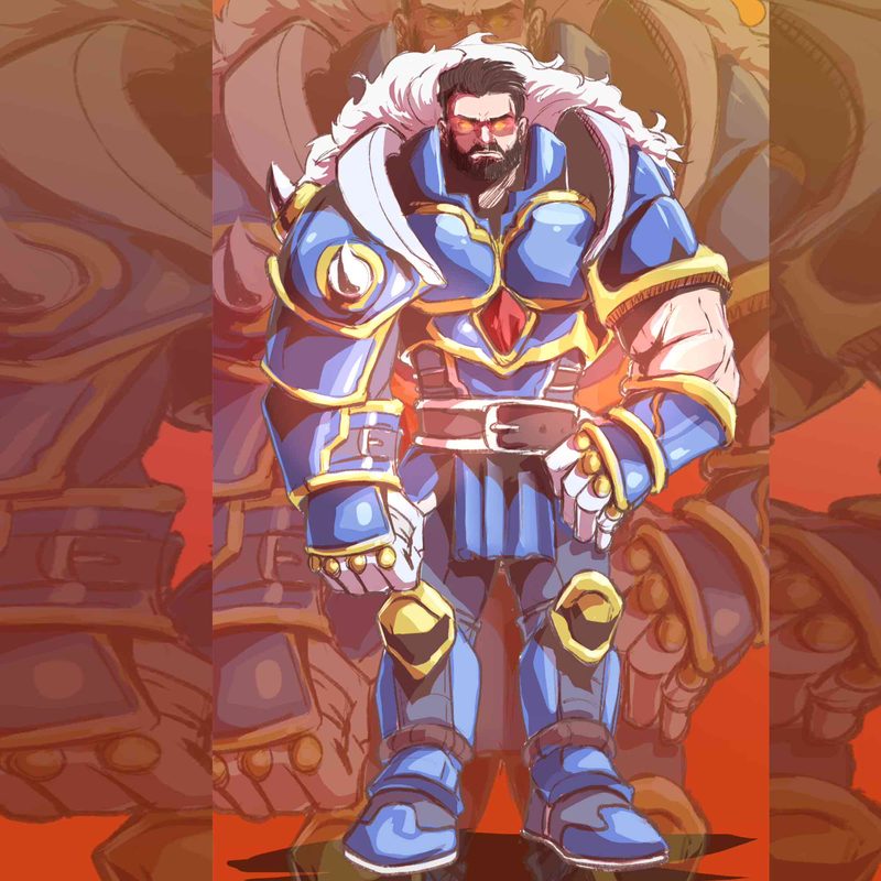 Bearded warrior in blue and gold armour, with a white fur collar and red-lensed glasses, standing in a heavy pose against a rust-coloured background where his own armour appears enlarged